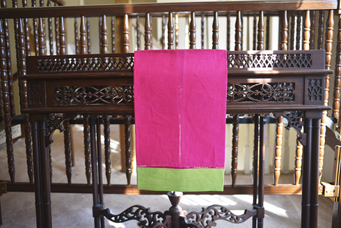 Multicolored Hemstitch Guest Towel. Pink Peacock & Macaw Green